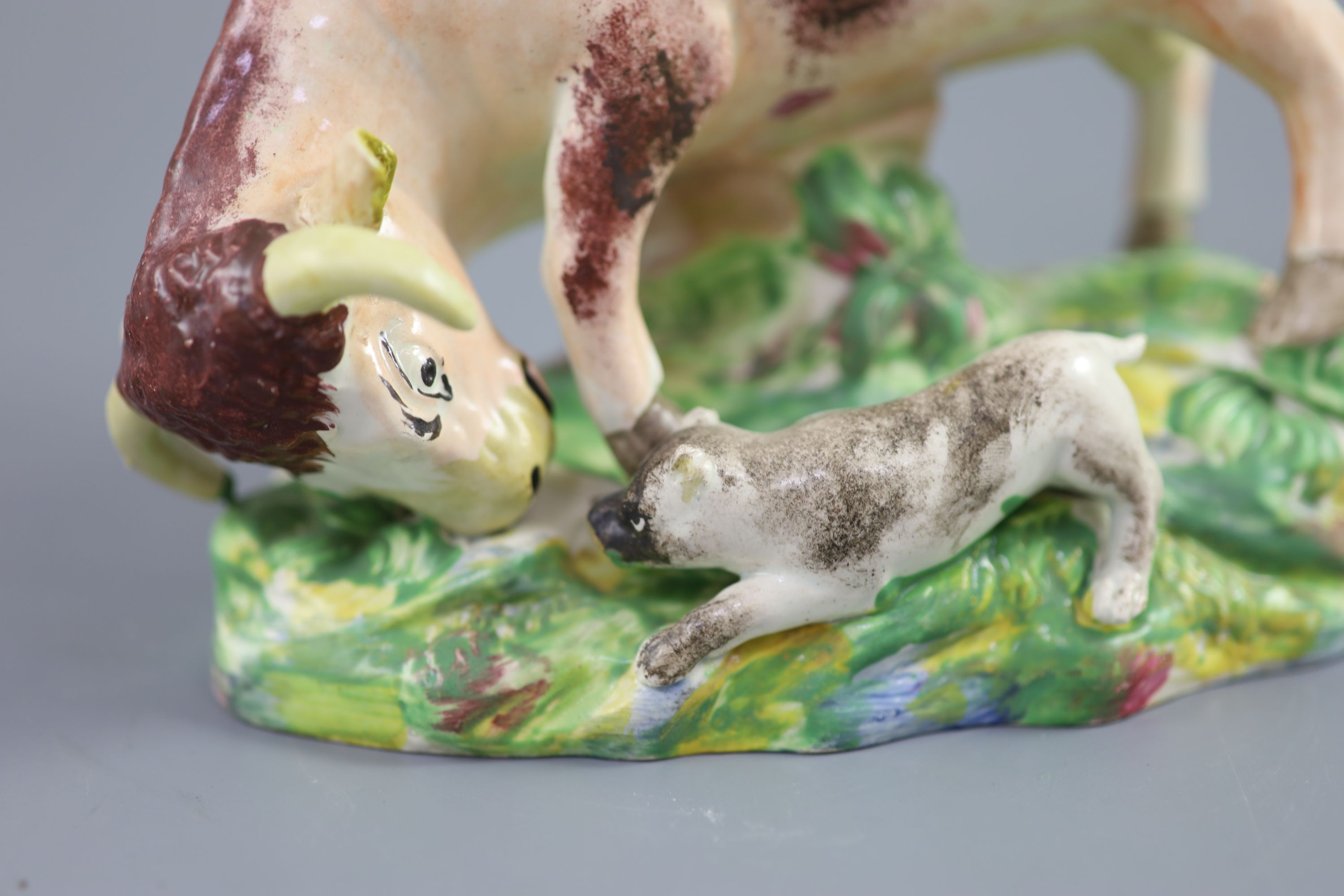 Enoch Wood of Burslem, a pearlware group Bull baiting, c.1800-10, 20cm high